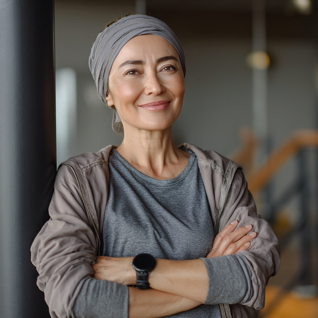 Smiling middle-aged Uzbek woman in comfortable workout clothes practicing natural movement exercises outdoors with mountains in background