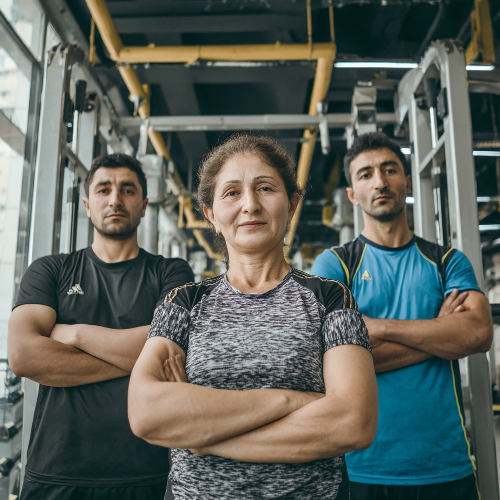 Smiling young Uzbek adult in athletic wear demonstrating functional exercises in a bright indoor gym space